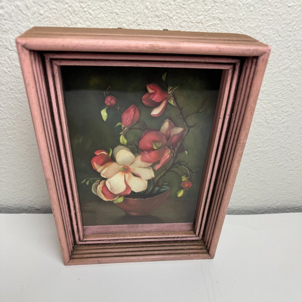 Antique Vintage 1972s  Wall Decor Wooden Frame - Display 3D  " Pink Orchid"